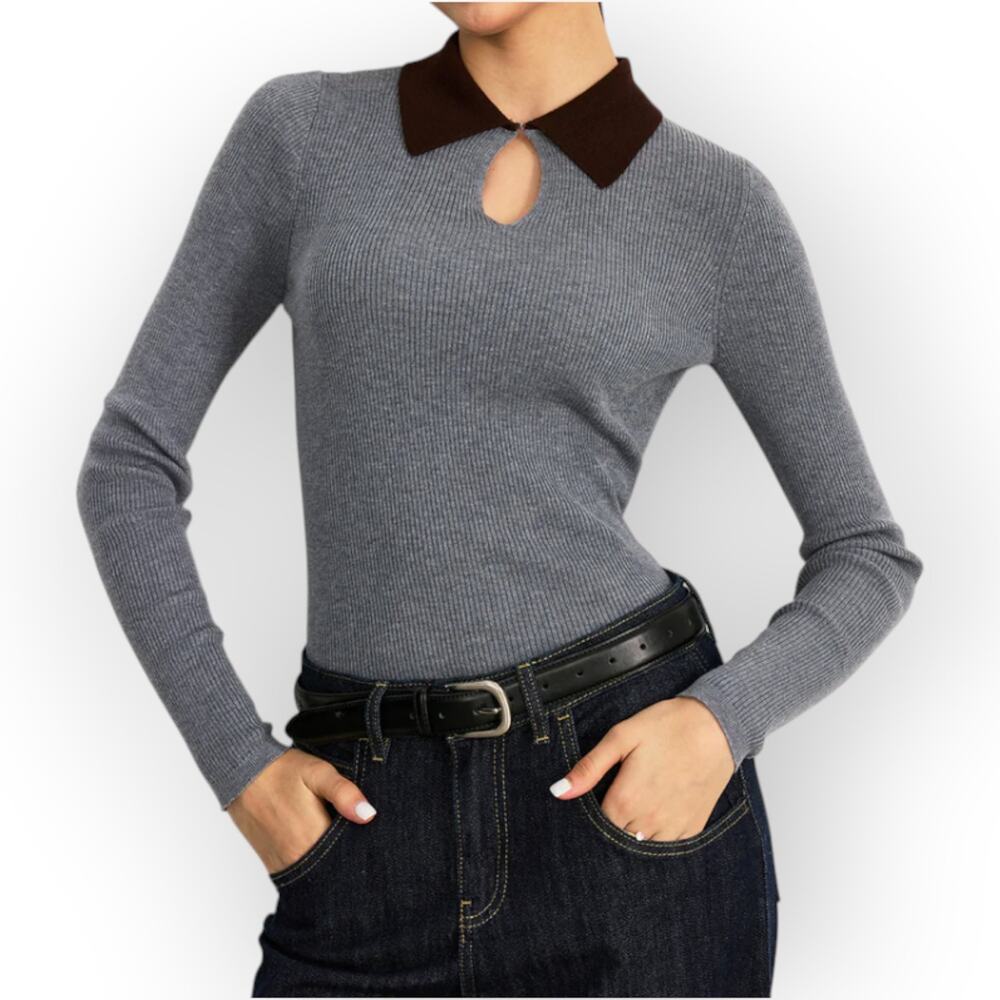 Commense Ribbed Knit Contrast Keyhole Top Gray Black Size S - Euro Chic